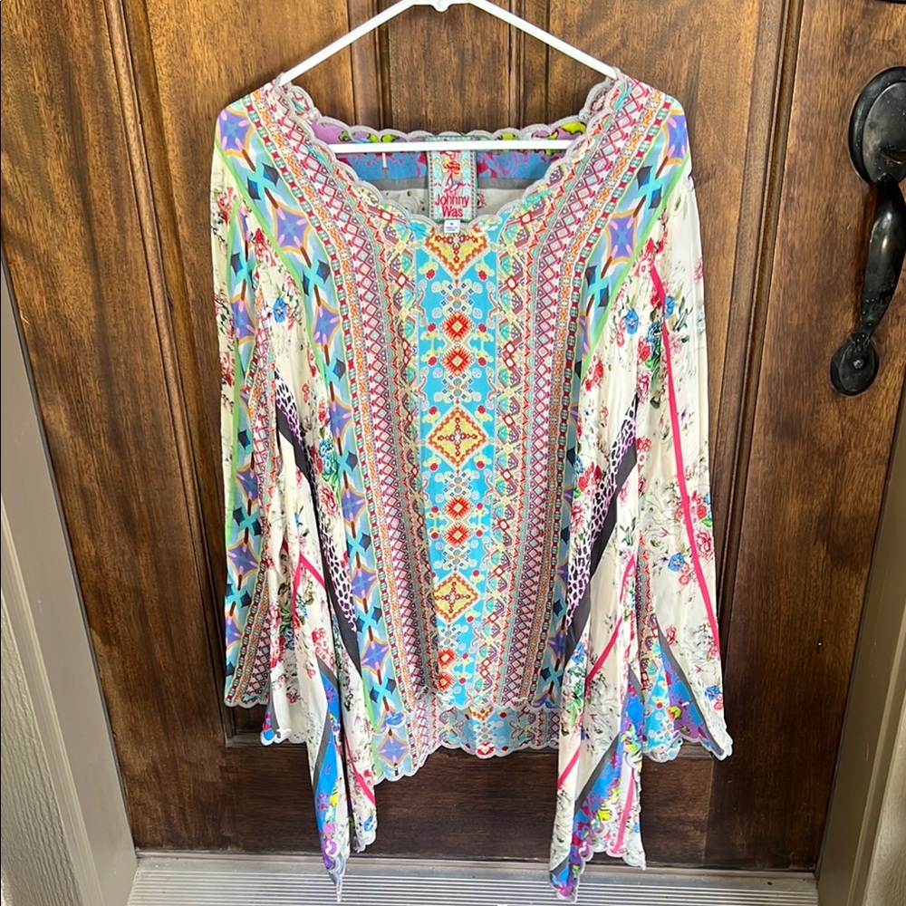 Johnny Was Asymmetrical Graphic Bell Sleeve Top